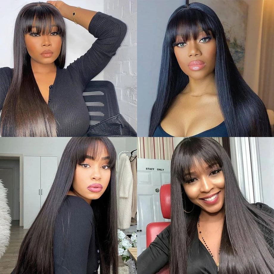 Wig With Bangs Short Bob Human Hair for Women Brazilian Natural Cheap Full Machine Made Wigs Straight 30 Inch Long Fringe Wig