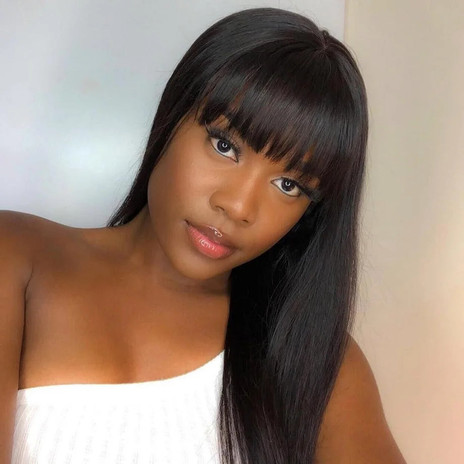 Wig With Bangs Short Bob Human Hair for Women Brazilian Natural Cheap Full Machine Made Wigs Straight 30 Inch Long Fringe Wig