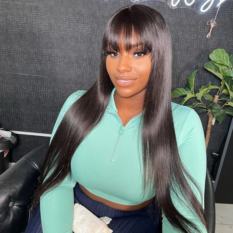 Wig With Bangs Short Bob Human Hair for Women Brazilian Natural Cheap Full Machine Made Wigs Straight 30 Inch Long Fringe Wig