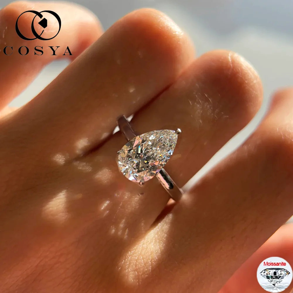 COSYA 1-4CT Pear Cut Moissanite Ring S925 Silver D VVS1 Lab Diamond Waterdrop Wedding Band For Women Sparkling Fine Jewelry