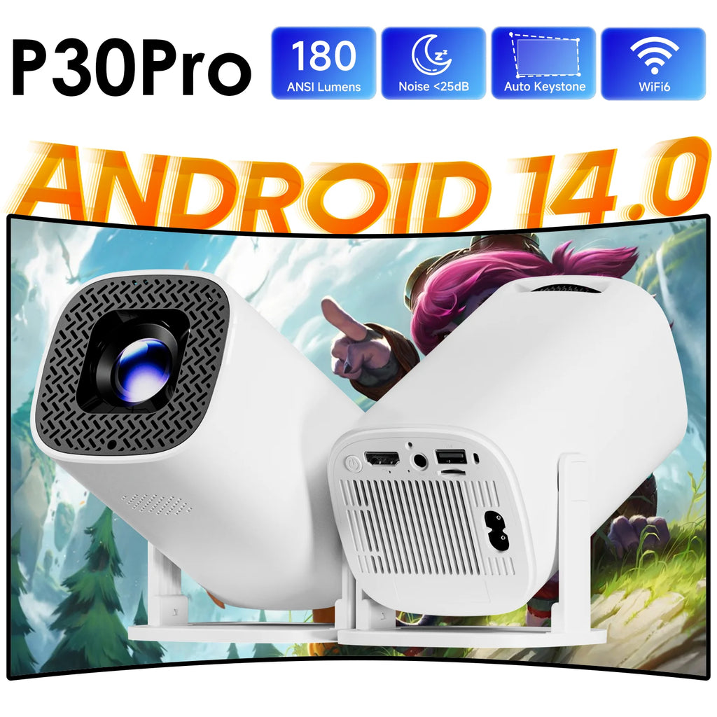 HONGTOP P30PRO Smart Mini Projector Android 14 WiFi6 BT 5.0 Support 4K 1280*720P Smart Home Cinema Outdoor Portable Projector