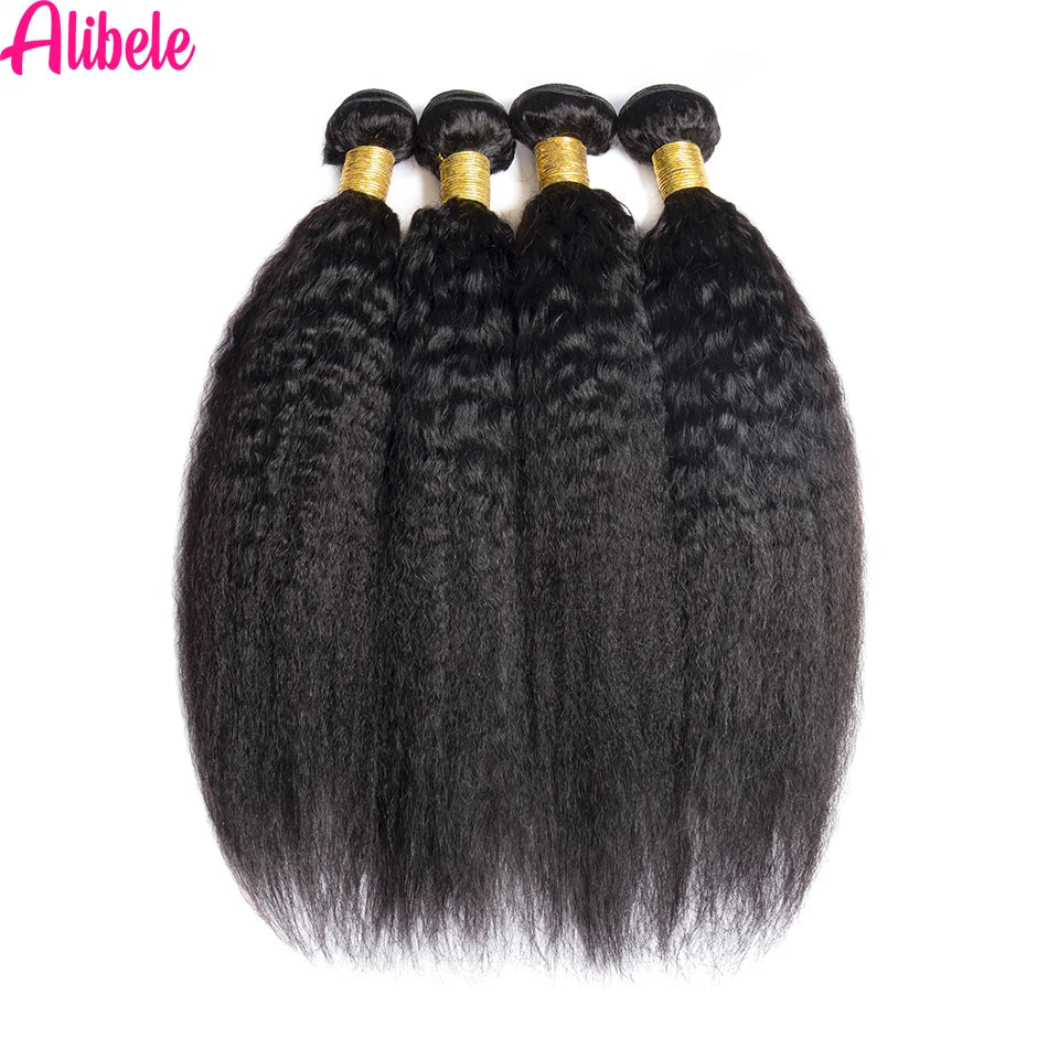 Alibele Kinky Straight Human Hair Bundles 32 Inches Malaysia Remy Hair Yaki Straight Hair Bundles Natural Color for Black Women