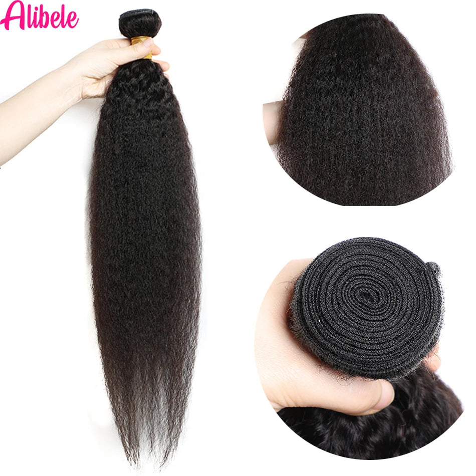 Alibele Kinky Straight Human Hair Bundles 32 Inches Malaysia Remy Hair Yaki Straight Hair Bundles Natural Color for Black Women