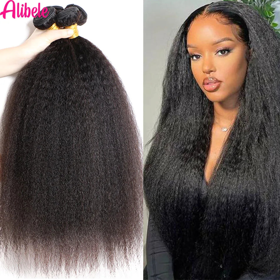Alibele Kinky Straight Human Hair Bundles 32 Inches Malaysia Remy Hair Yaki Straight Hair Bundles Natural Color for Black Women
