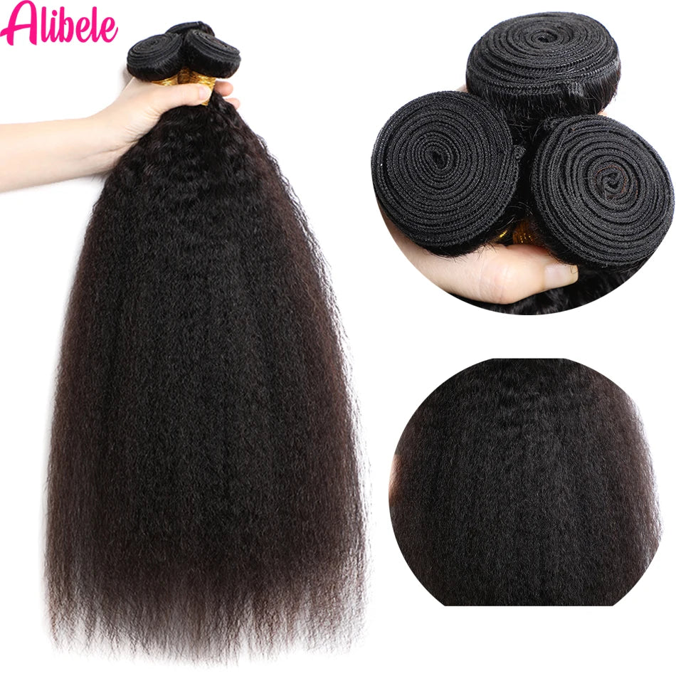 Alibele Kinky Straight Human Hair Bundles 32 Inches Malaysia Remy Hair Yaki Straight Hair Bundles Natural Color for Black Women