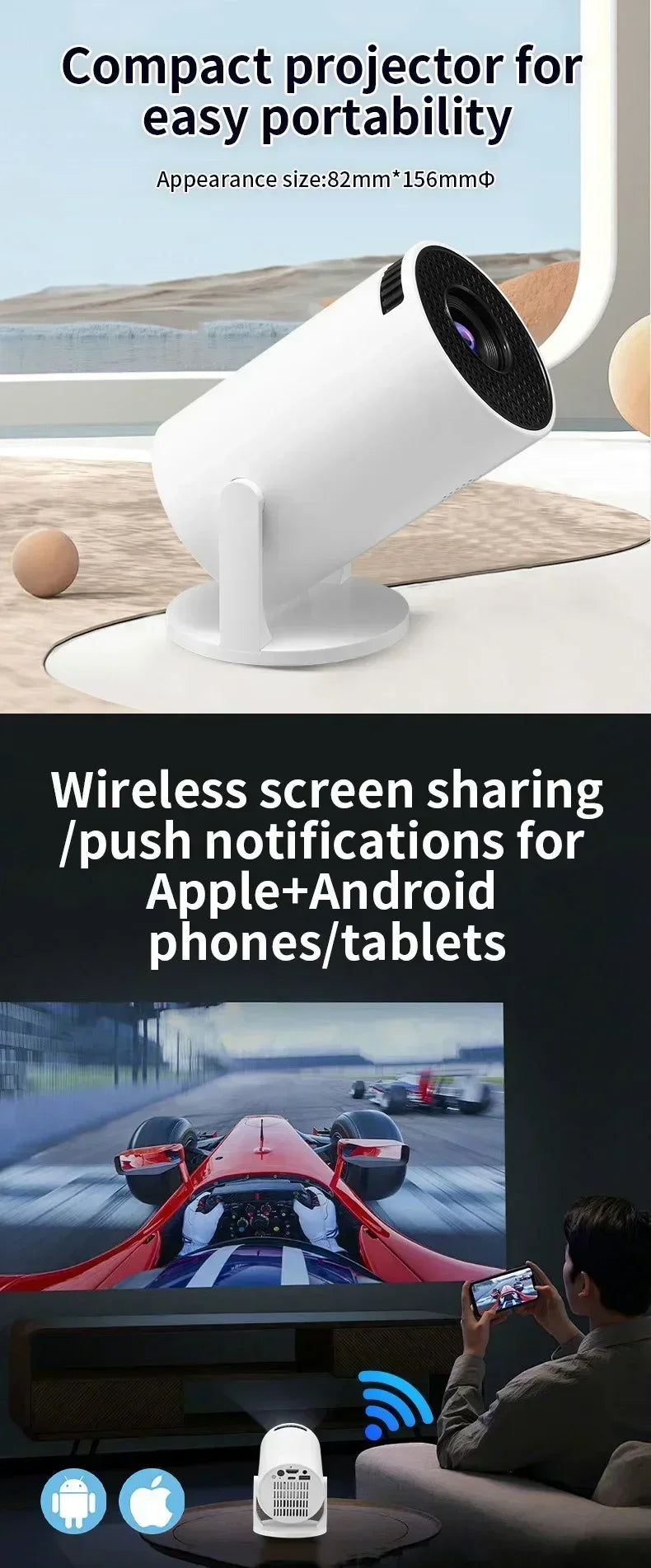 HY200 2025 1080P Full HD Projector with 270° Swivel, Portable Outdoor Movie Projector Compatible with HDMI USB for iPhone Androi